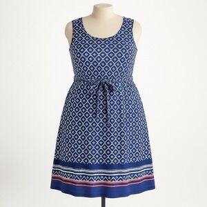 Talbots Geometric Belted‎ Midi Dress Size XL Navy Blue Sleeveless Preppy Twee